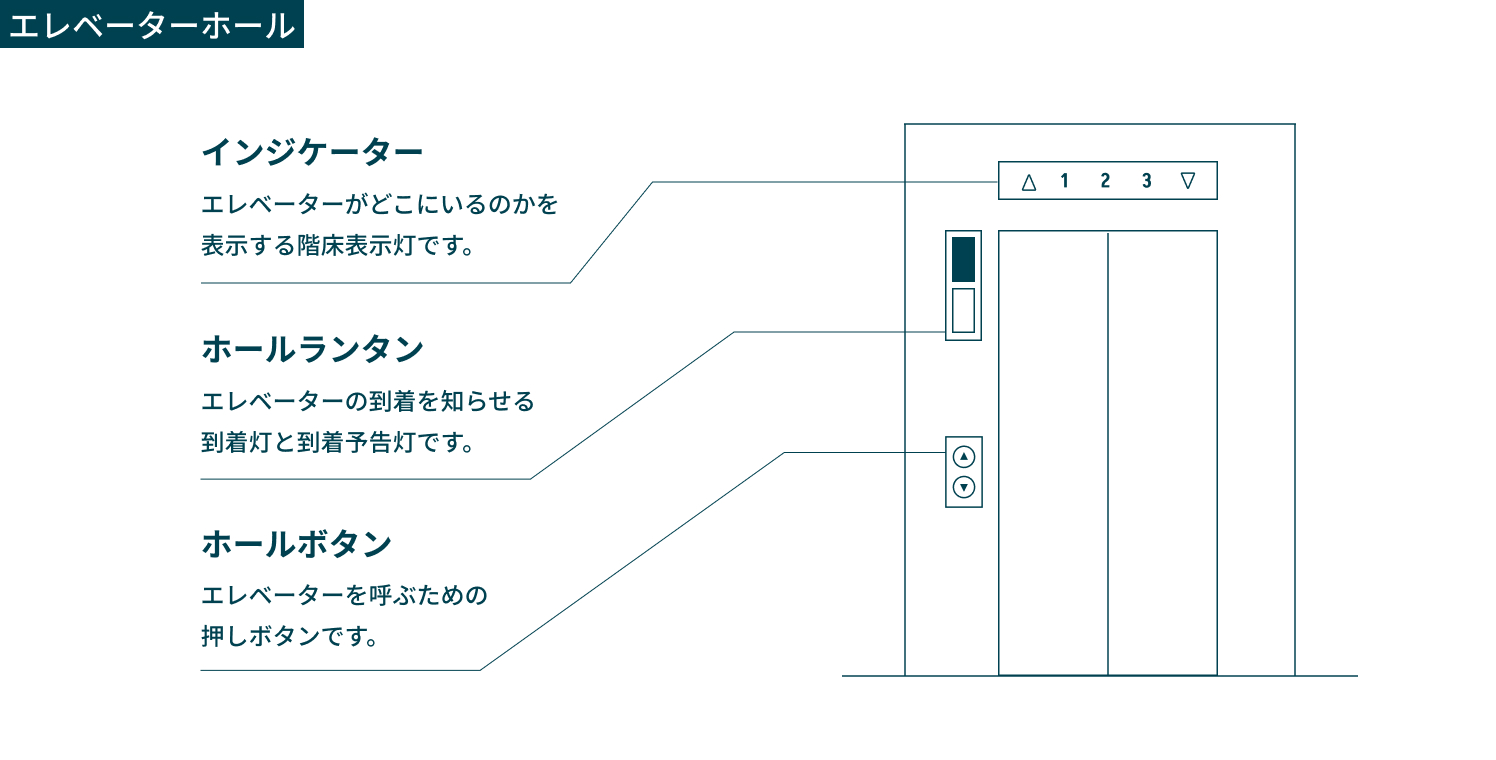 エレベーターホール ・インジケーター エレベーターがどこにいるのかを表示する階床表示灯です。 ・ホールランタン エレベーターの到着を知らせる到着灯と到着予告灯です。 ・ホールボタン エレベーターを呼ぶための押しボタンです。